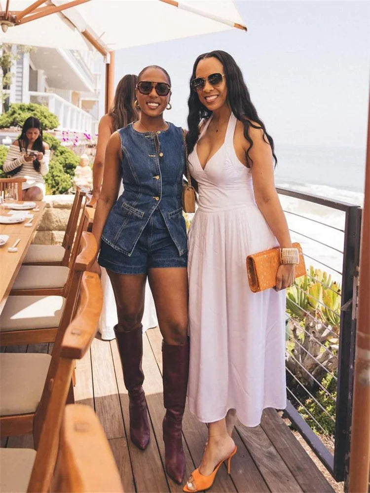 Denim O-neck Sleeveless Shorts Office Two Piece Set