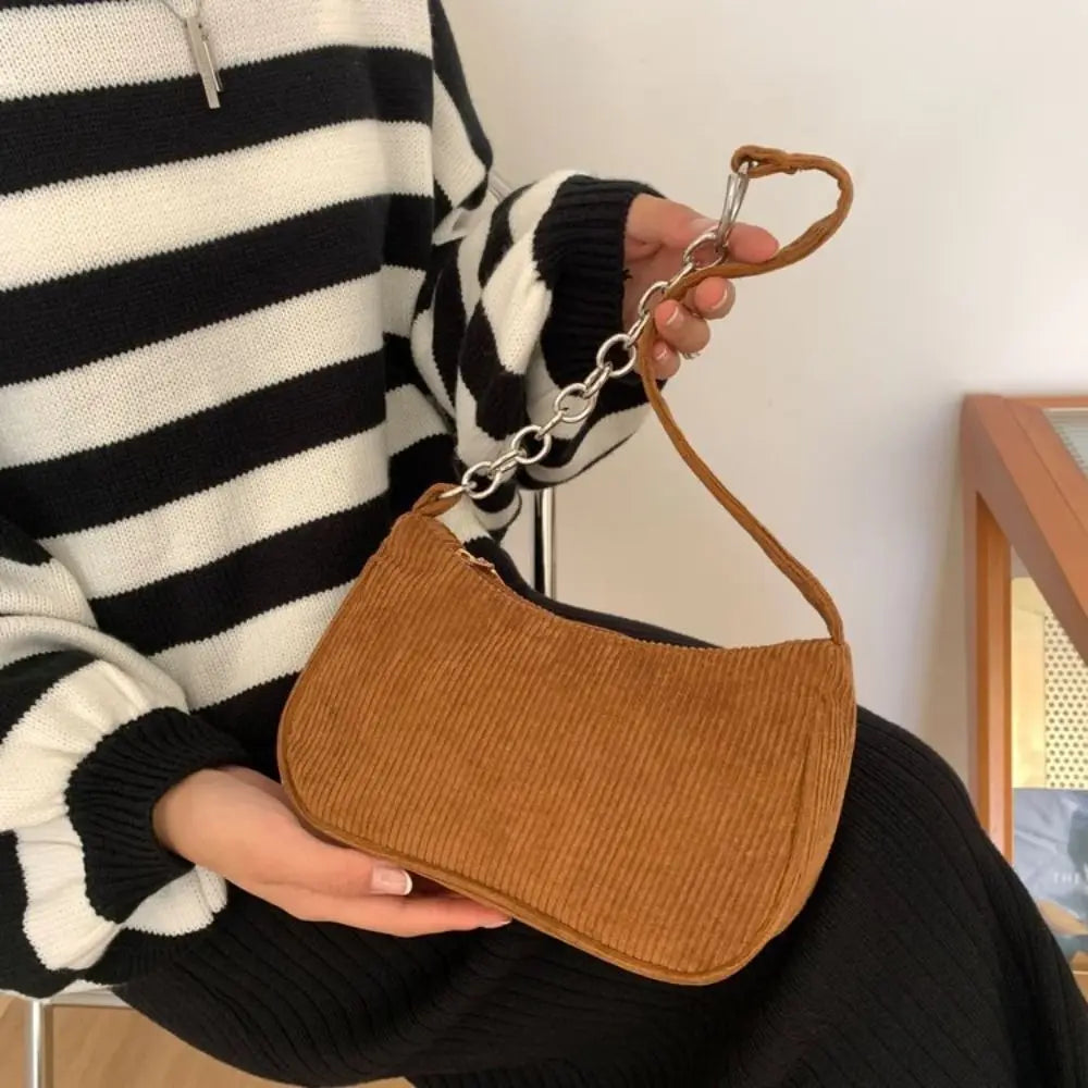 Corduroy Zipper Underarm Shoulder Handbag