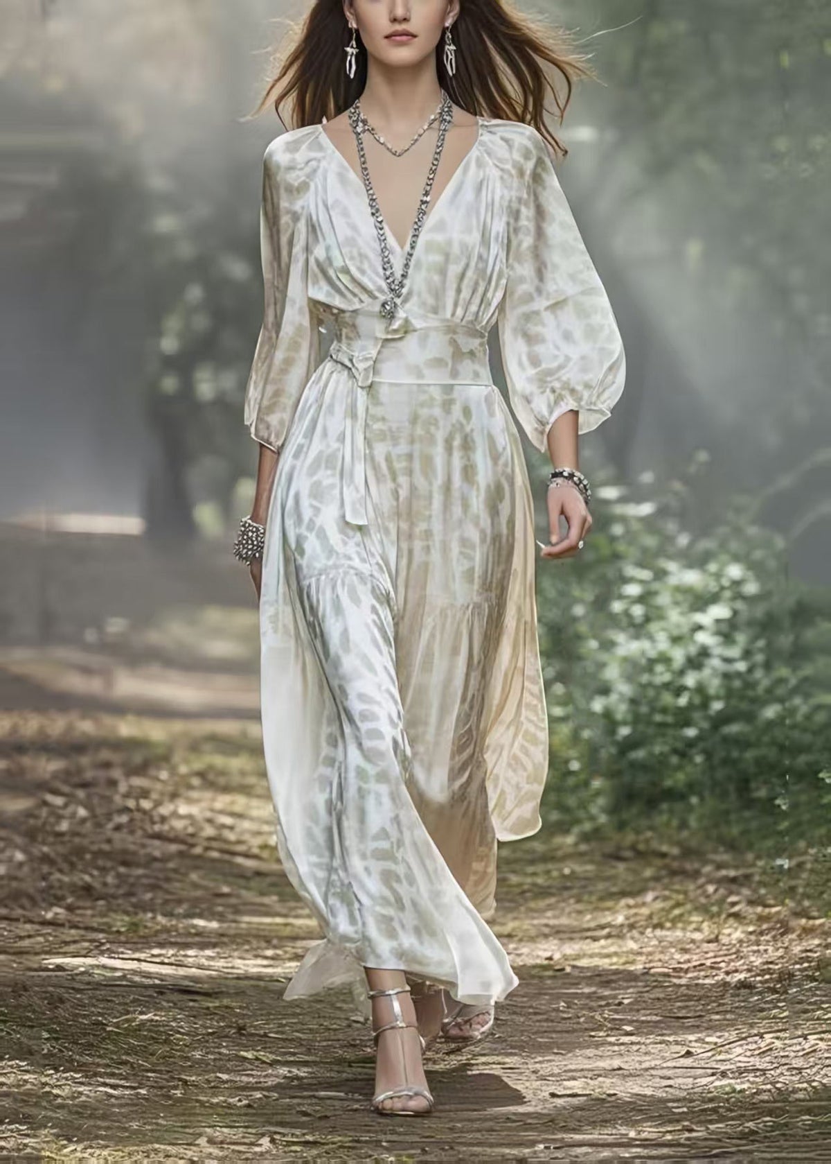 Deep V-Neck Lantern Sleeve Belted High Split Chiffon Maxi Dress - View 3