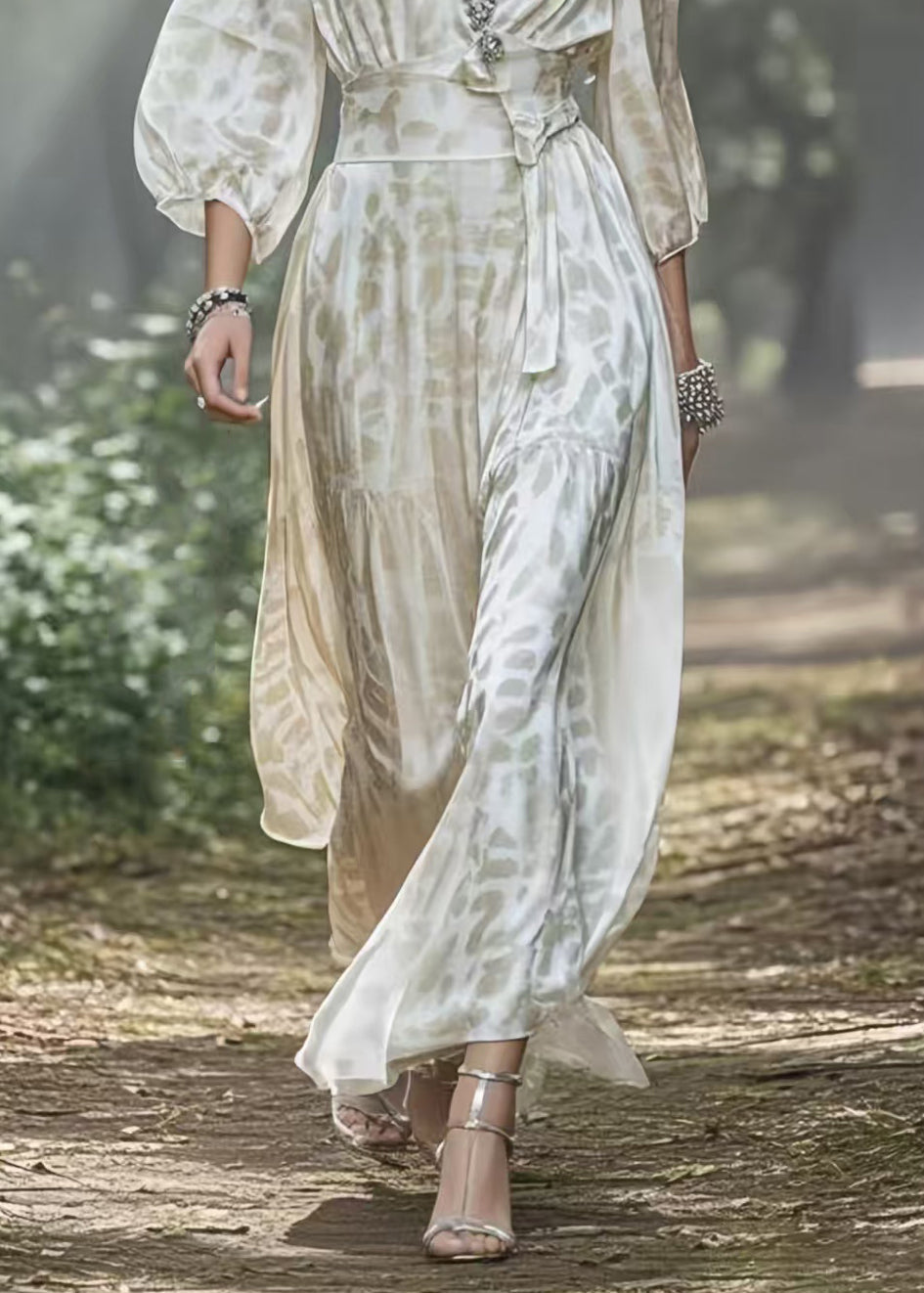 Deep V-Neck Lantern Sleeve Belted High Split Chiffon Maxi Dress - View 4