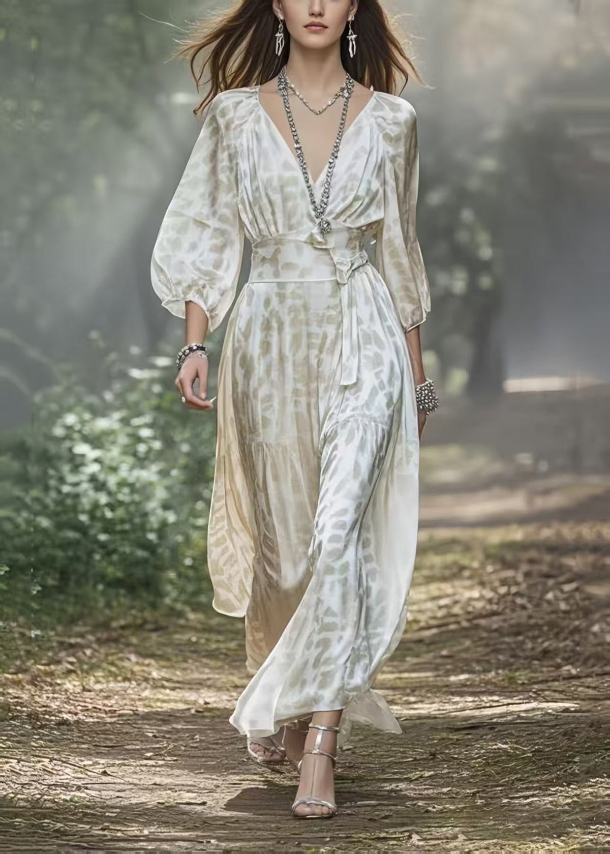 Deep V-Neck Lantern Sleeve Belted High Split Chiffon Maxi Dress - View 5