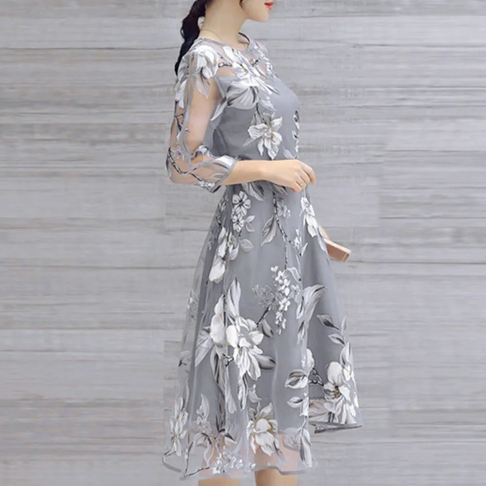 Floral Organza O-Neck Mesh Sleeve A-Line Midi Dress 3