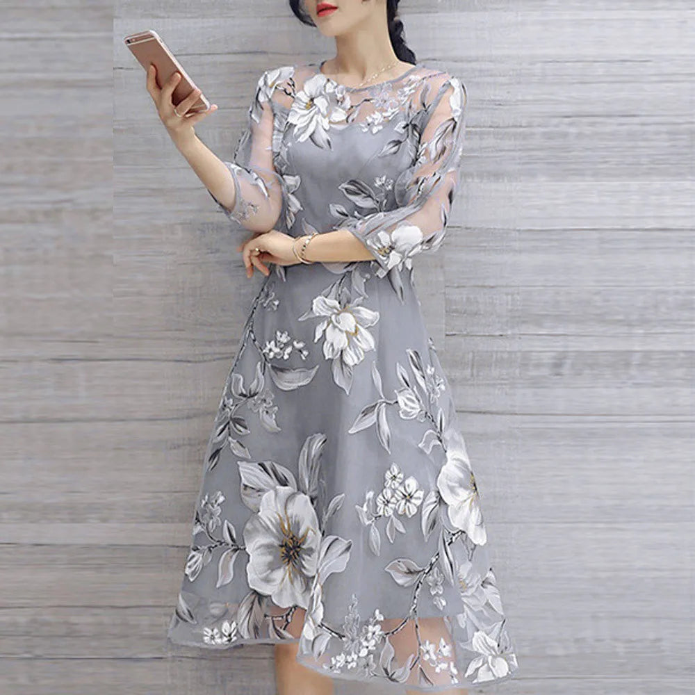 Floral Organza O-Neck Mesh Sleeve A-Line Midi Dress 2