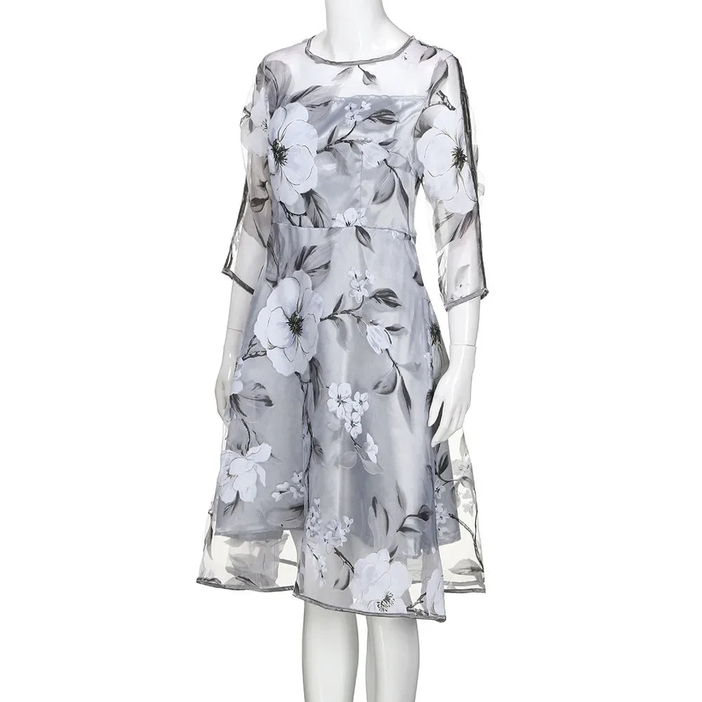 Floral Organza O-Neck Mesh Sleeve A-Line Midi Dress 5