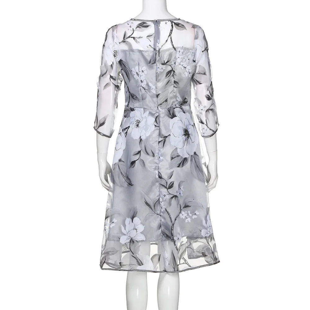 Floral Organza O-Neck Mesh Sleeve A-Line Midi Dress 6