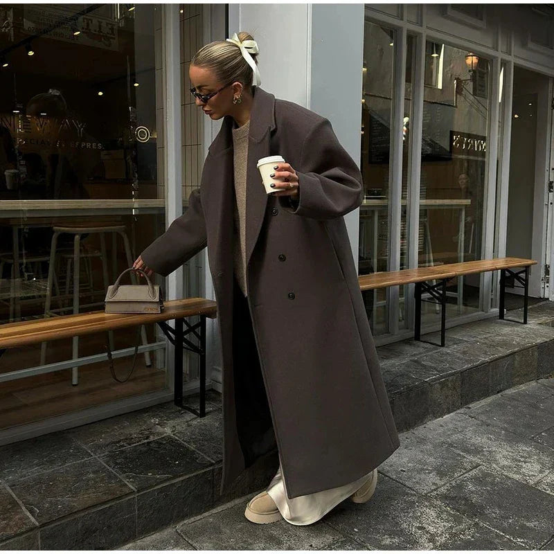 Ribbed Woolen Double-Breasted Overcoat