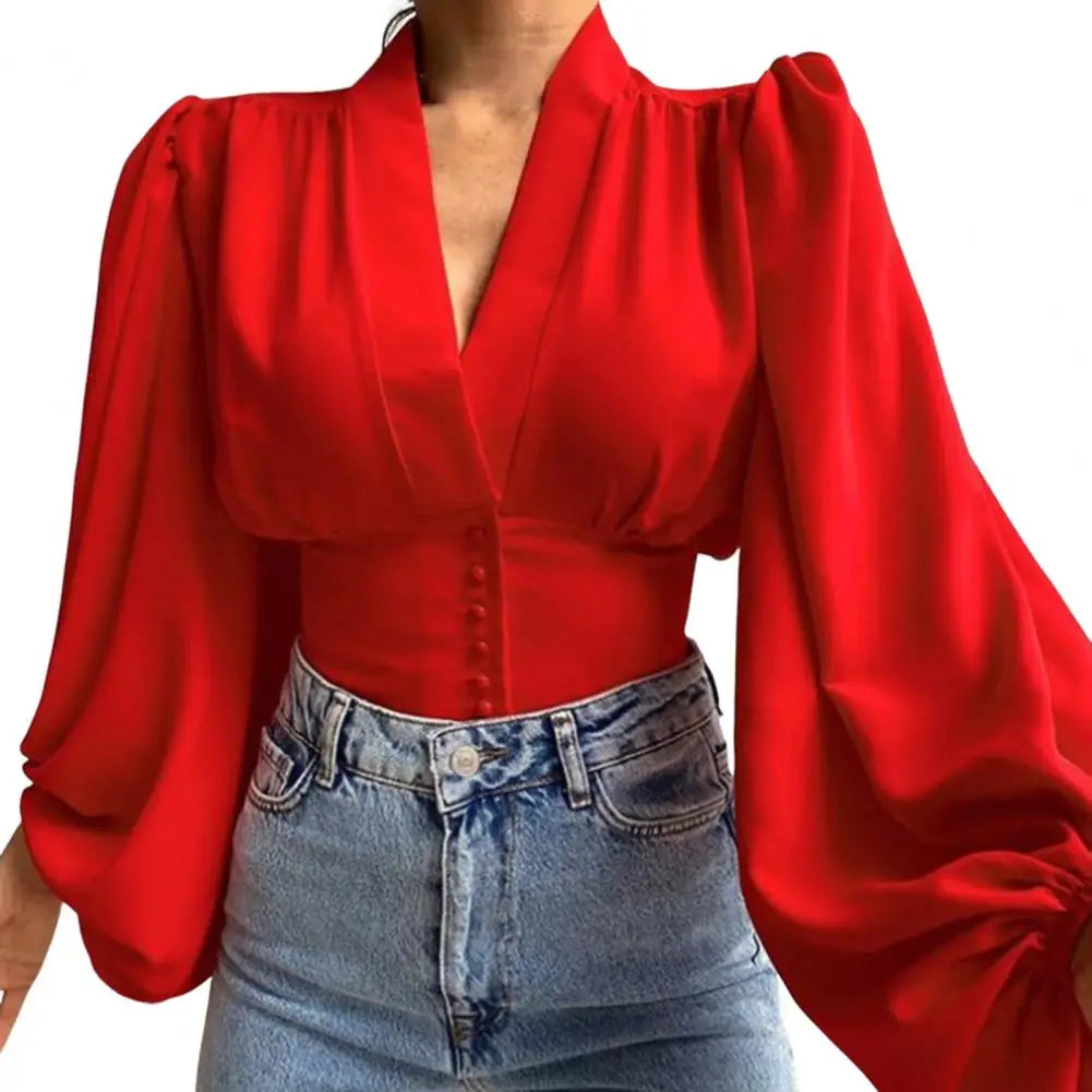 Slim Fit V Neck Cropped Lantern Blouse Red / M blouse-250126