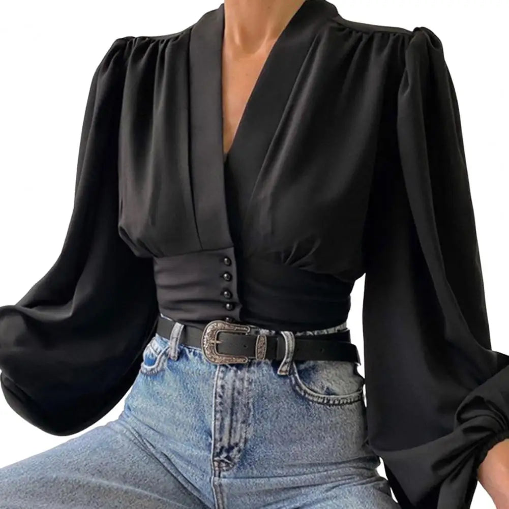 Slim Fit V Neck Cropped Lantern Blouse Black / M blouse-250126