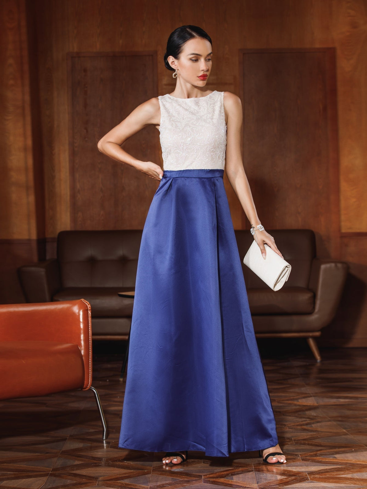 Sleeveless High Neck Lace Bodice Gathered Waist A-Line Maxi Gown
