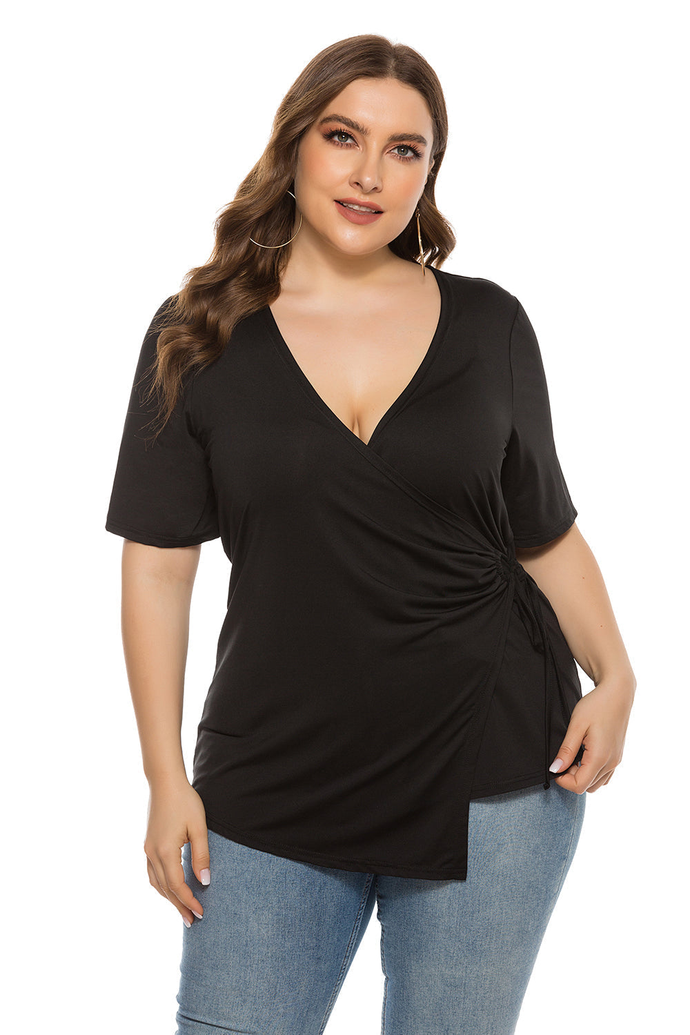 Fashion Women's Summer New Pure solid Color Top Plus Size V Neck Strappy Shirt Blouse - Fashionpara
