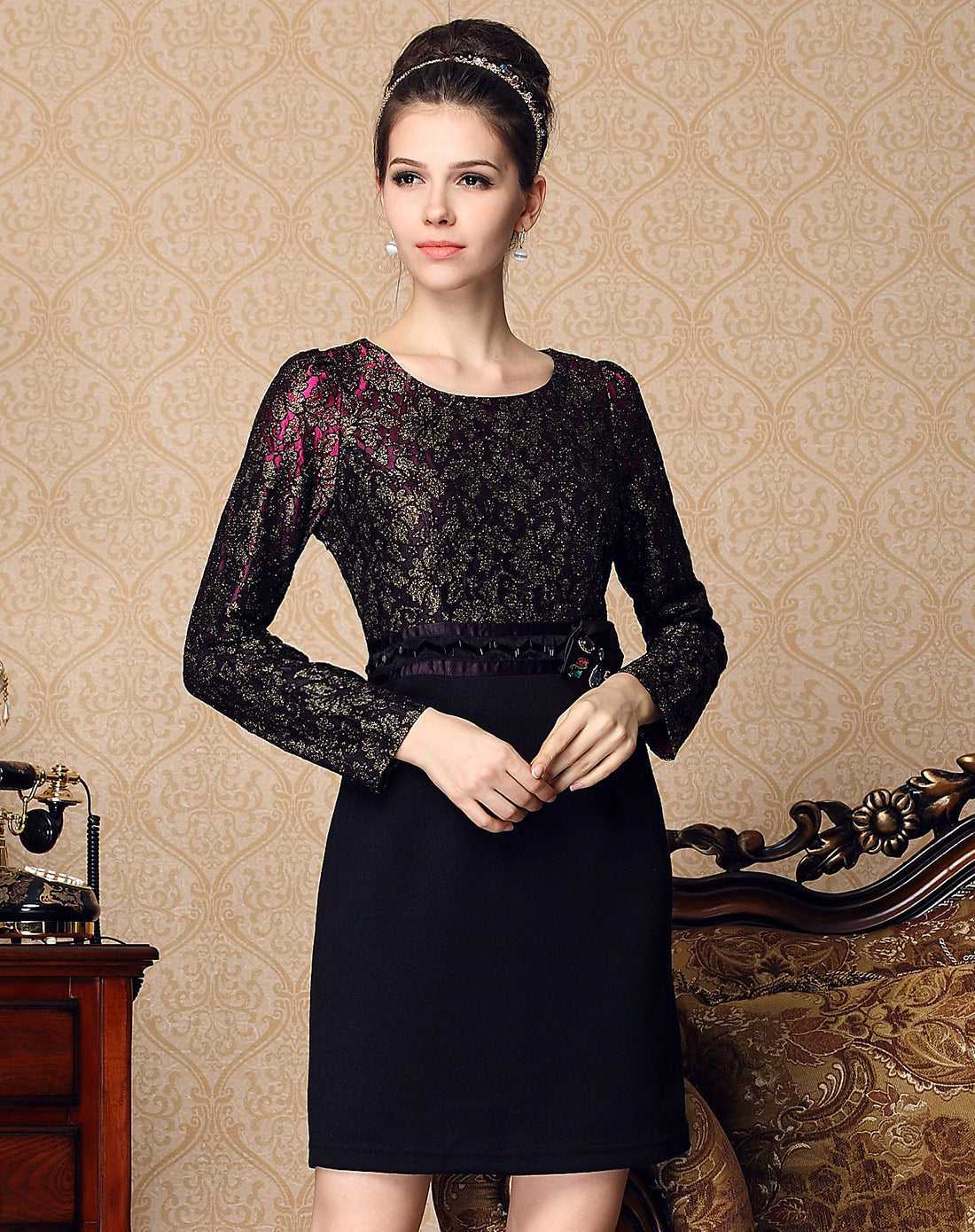 KittenAlarm - Fashion Women's elegant temperament dress lace stitching slim long-sleeved dress autumn