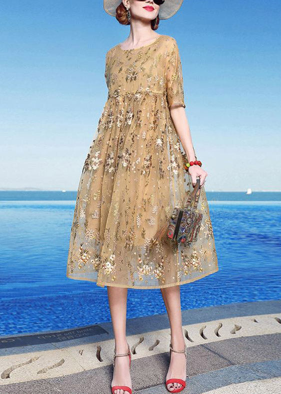 Floral Embroidery Mesh Overlay Round Neck A-Line Midi Dress