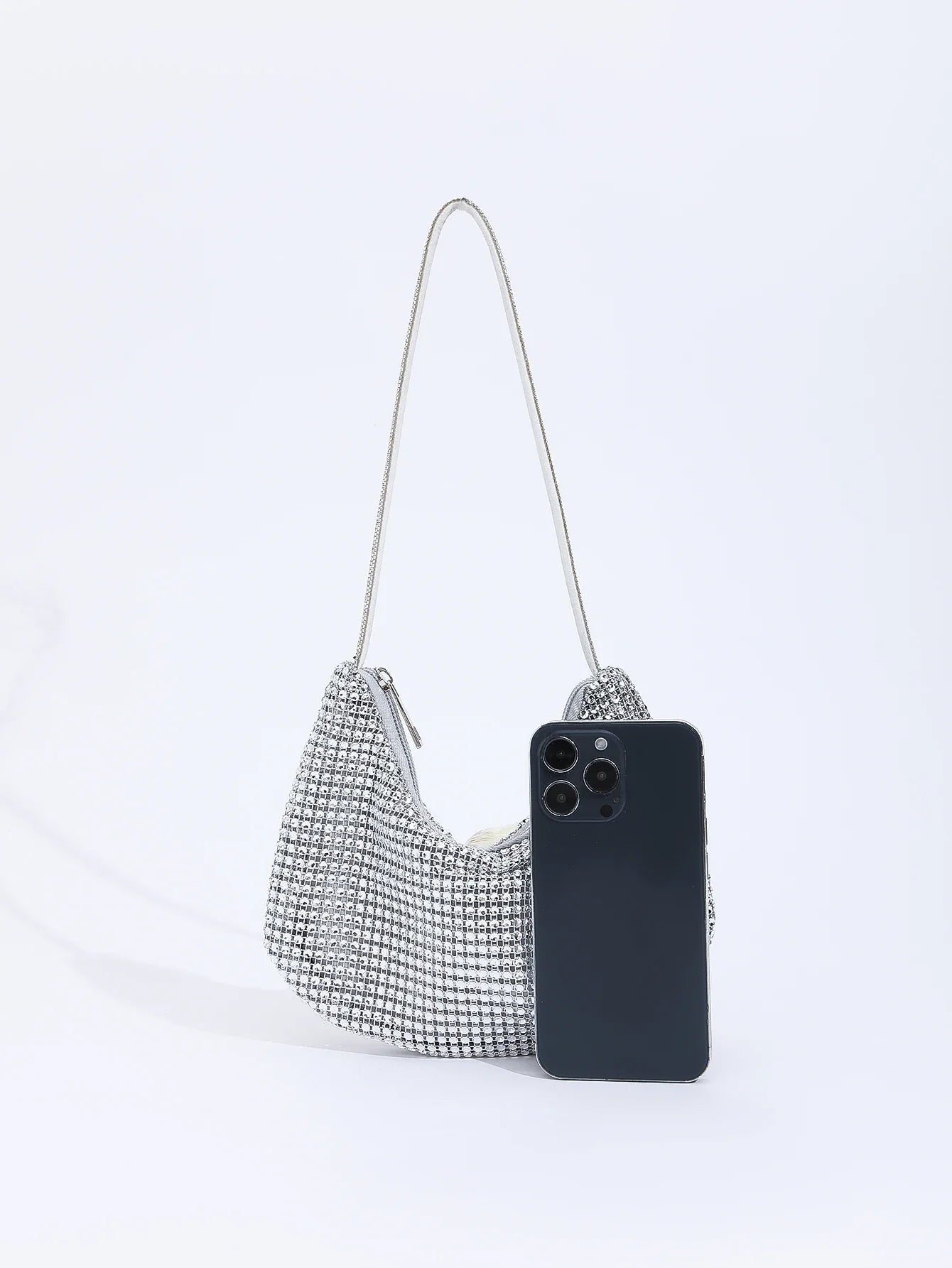 Shiny Rhinestone Zippered Solid Evening Clutch Bag