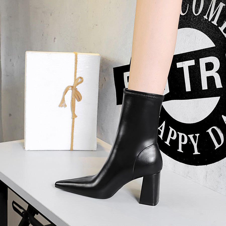 Fashion High Heel Pointed Toe Boots Black Short Boots