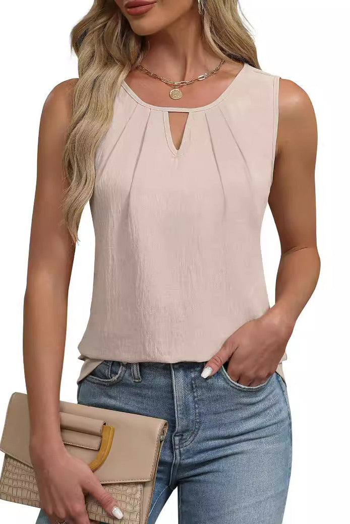 Royal Blue Pleated Sleeveless Top Chiffon Vest Hollow T-shirt