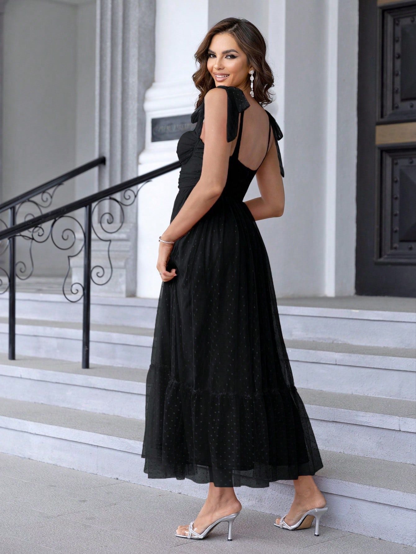 Fashionable Evening Dress Lace up Shoulder Pleated Hem Mesh Dress - Fashionpara
