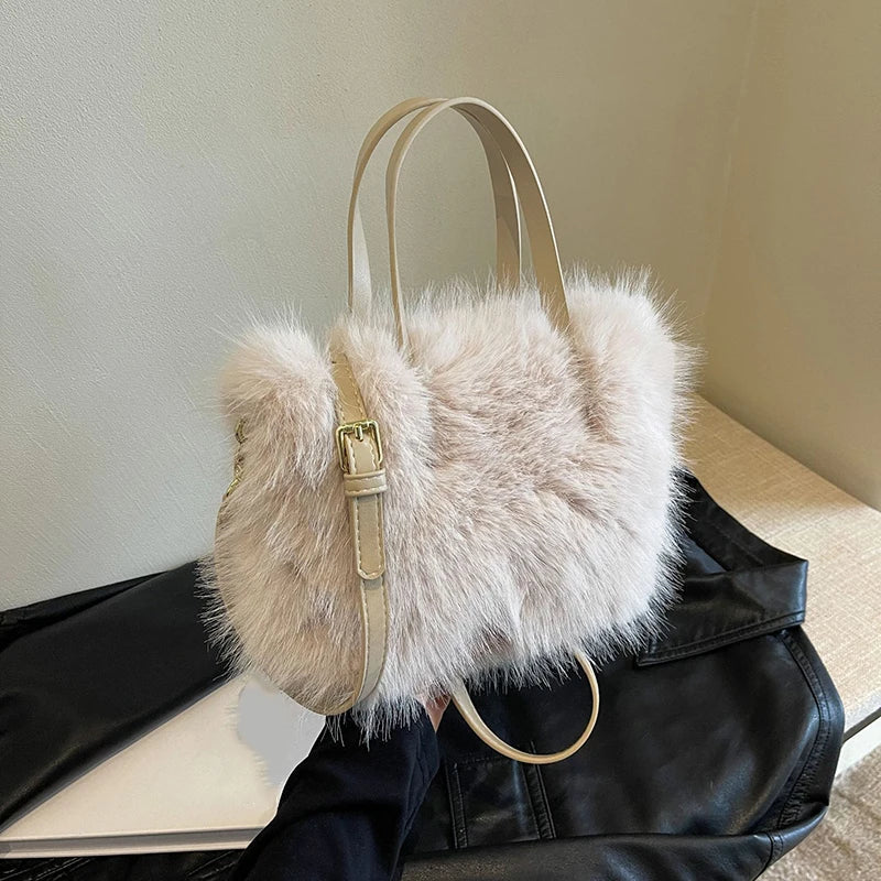 Faux Fur Plush Bucket Tote Winter Crossbody Shoulder Handbag