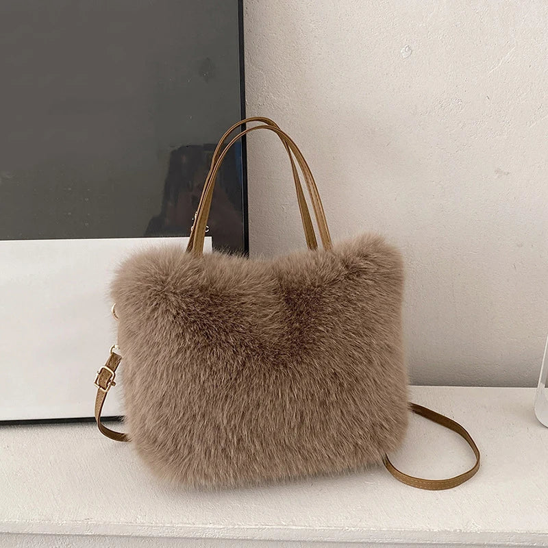 Faux Fur Plush Bucket Tote Winter Crossbody Shoulder Handbag