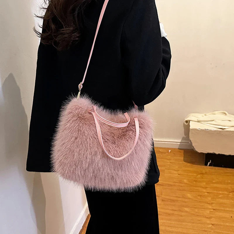 Faux Fur Plush Bucket Tote Winter Crossbody Shoulder Handbag