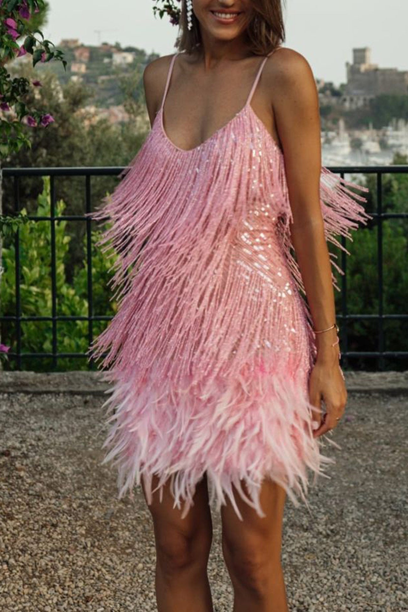 Feather Sequin Tassel Cami Dress - Fashionpara