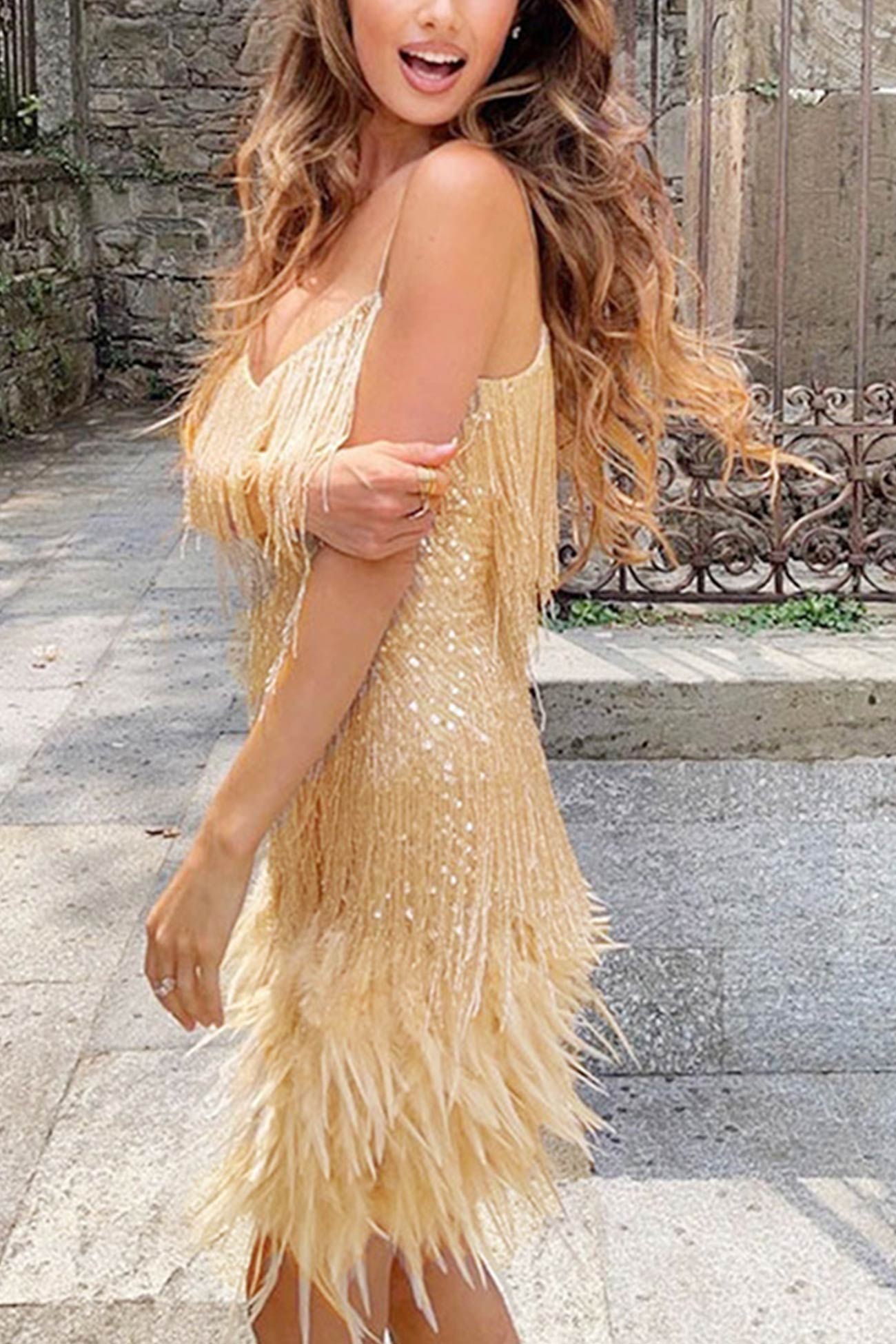 Feather Sequin Tassel Cami Dress - Fashionpara