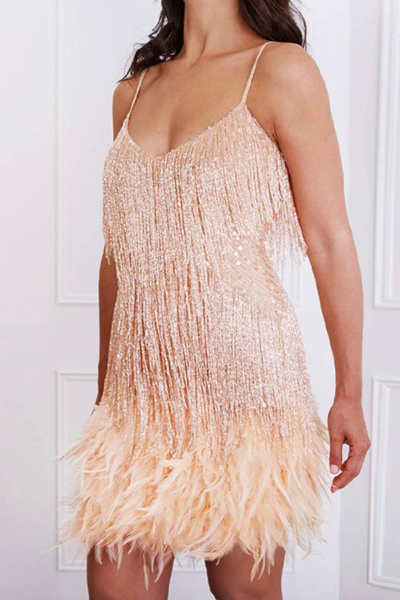 Feather Sequin Tassel Cami Dress - Fashionpara
