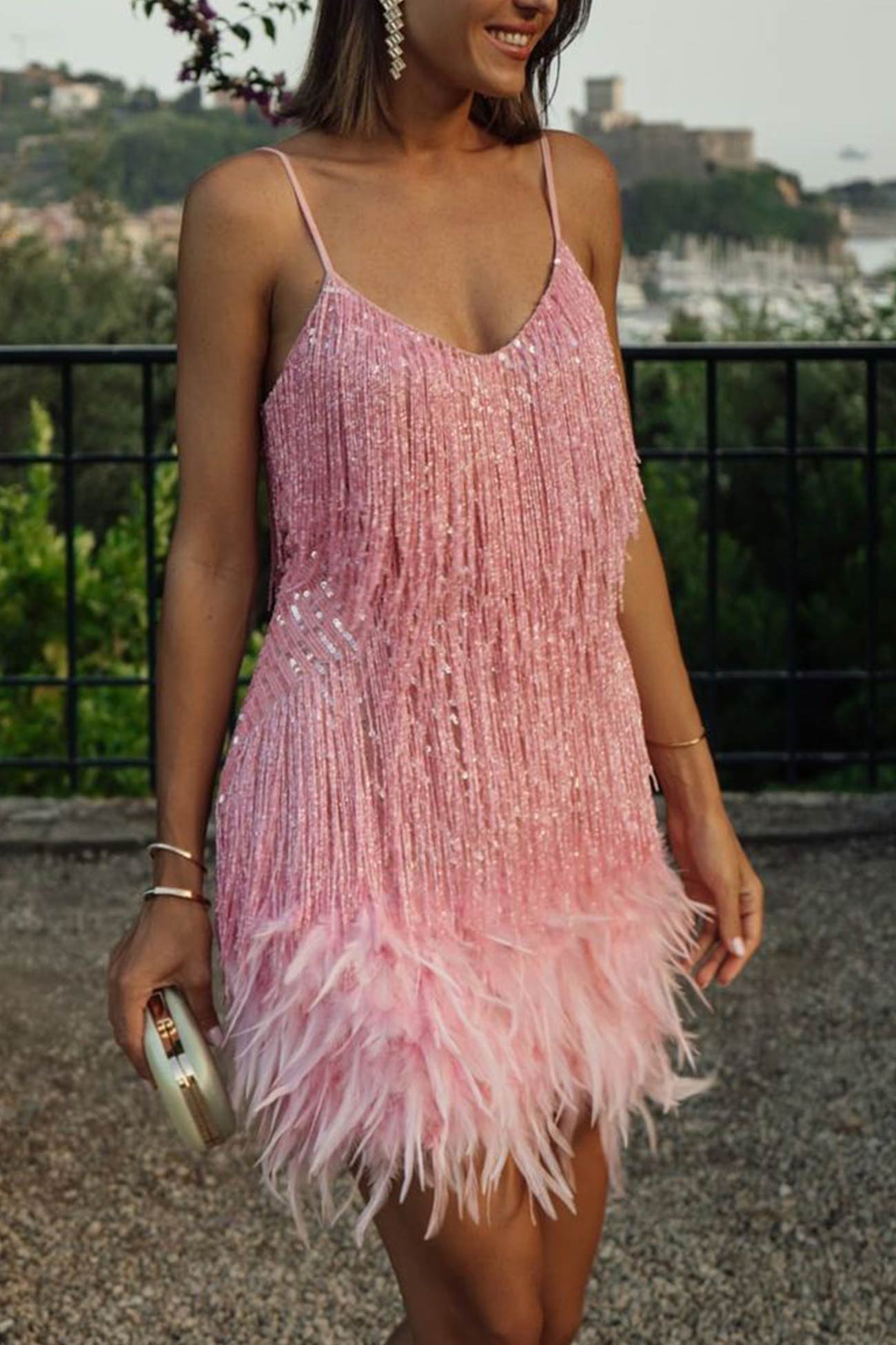 Feather Sequin Tassel Cami Dress - Fashionpara