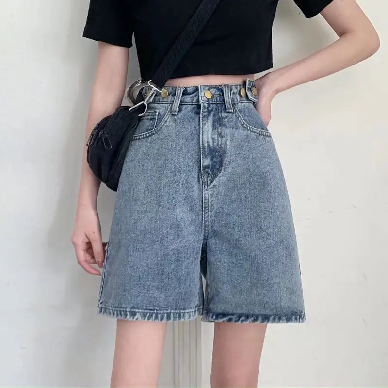 Streetwear Summer Half High-Waisted Belted Loose Female Short Fashion Jean Blue / S