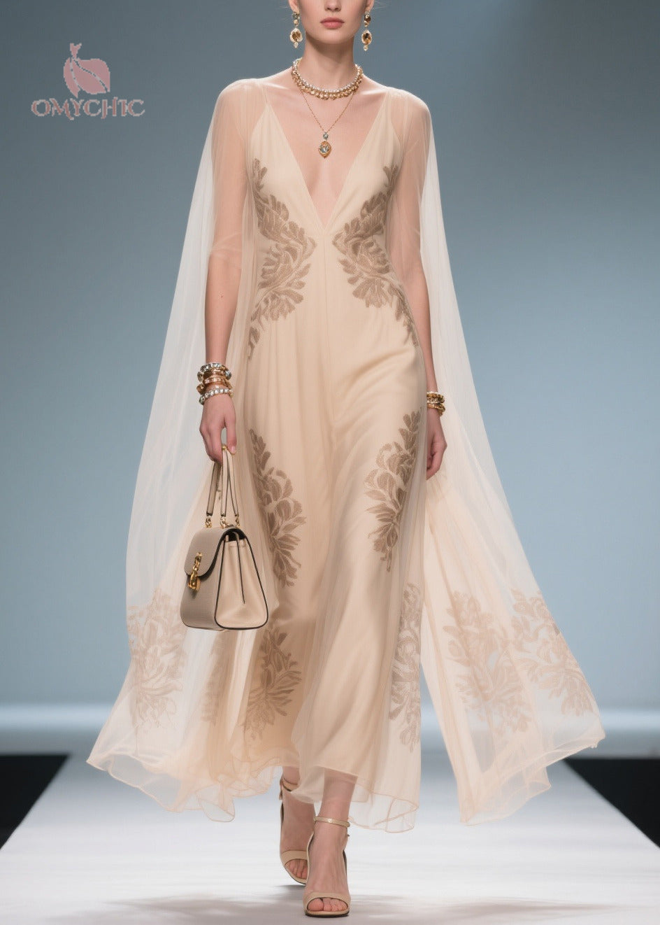 Floral Lace Embroidered Deep V-Neck Sleeveless Cape Overlay Maxi Gown