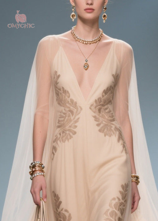Floral Lace Embroidered Deep V-Neck Sleeveless Cape Overlay Maxi Gown - View 2