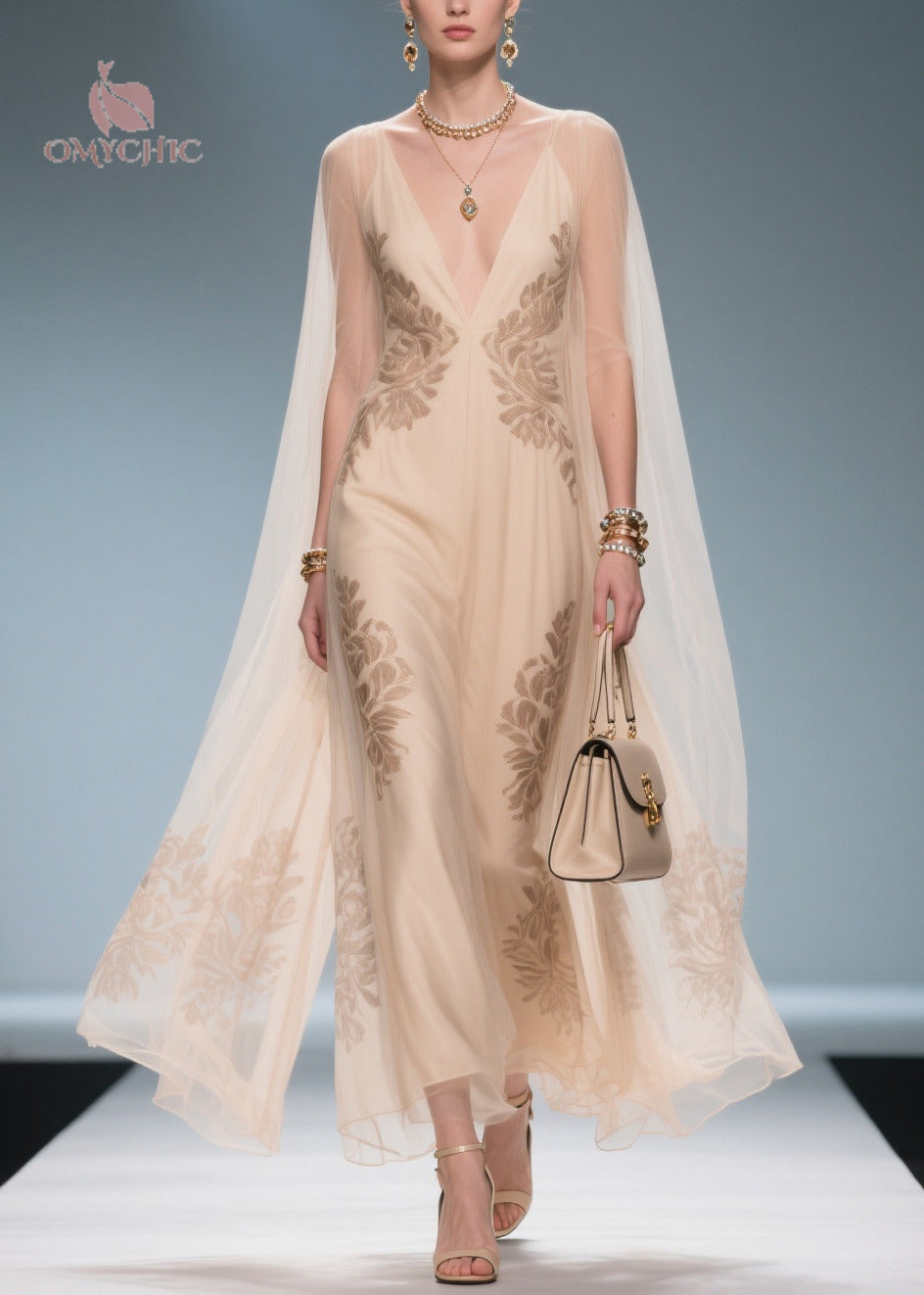 Floral Lace Embroidered Deep V-Neck Sleeveless Cape Overlay Maxi Gown - View 3