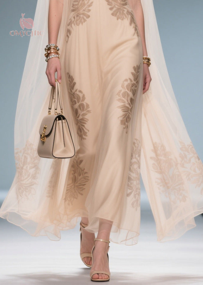 Floral Lace Embroidered Deep V-Neck Sleeveless Cape Overlay Maxi Gown - View 4