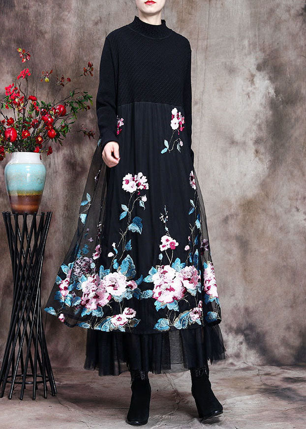 Knit Mock Neck Long Sleeve Floral Embroidered Mesh Overlay Midi Dress - View 2
