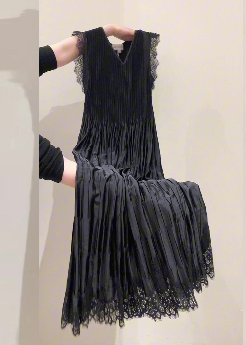 Pleated V-Neck Sleeveless Lace Trim Drop Waist Maxi Dress
