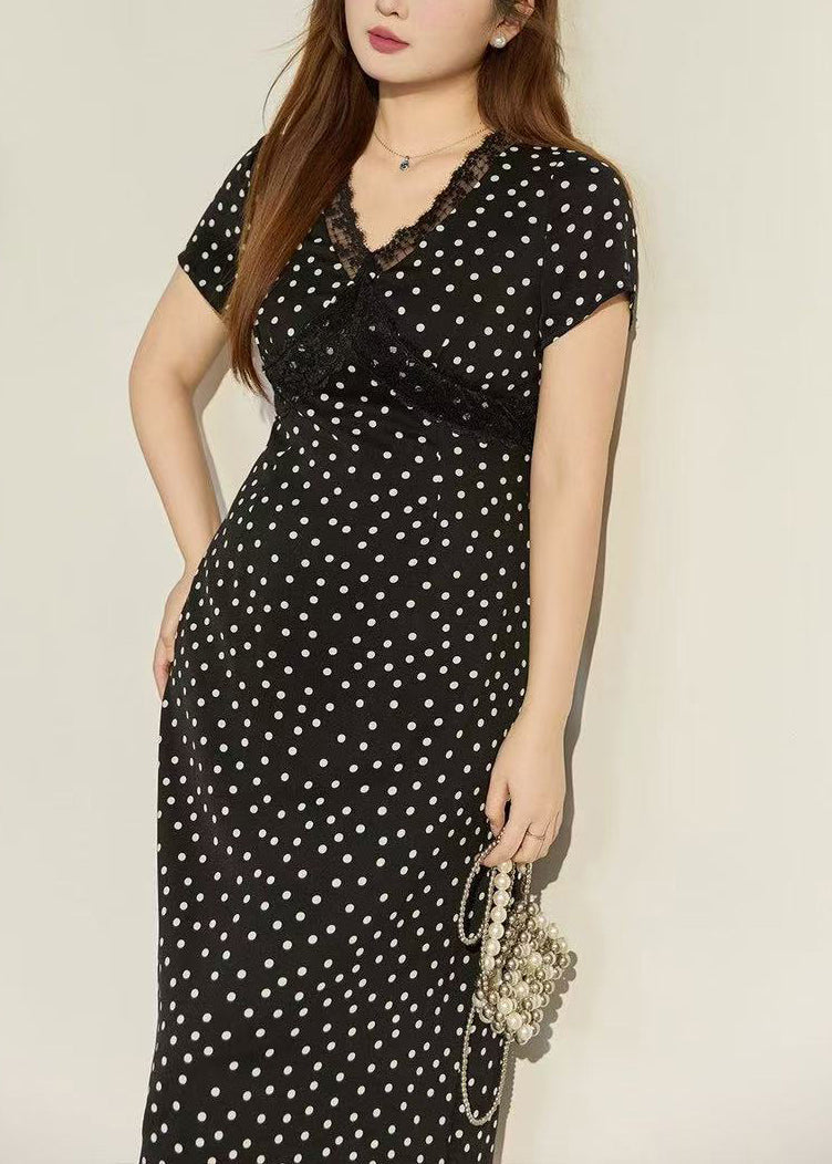 Polka Dot Lace Trim V-Neck Short Sleeve Bodycon Mini Dress