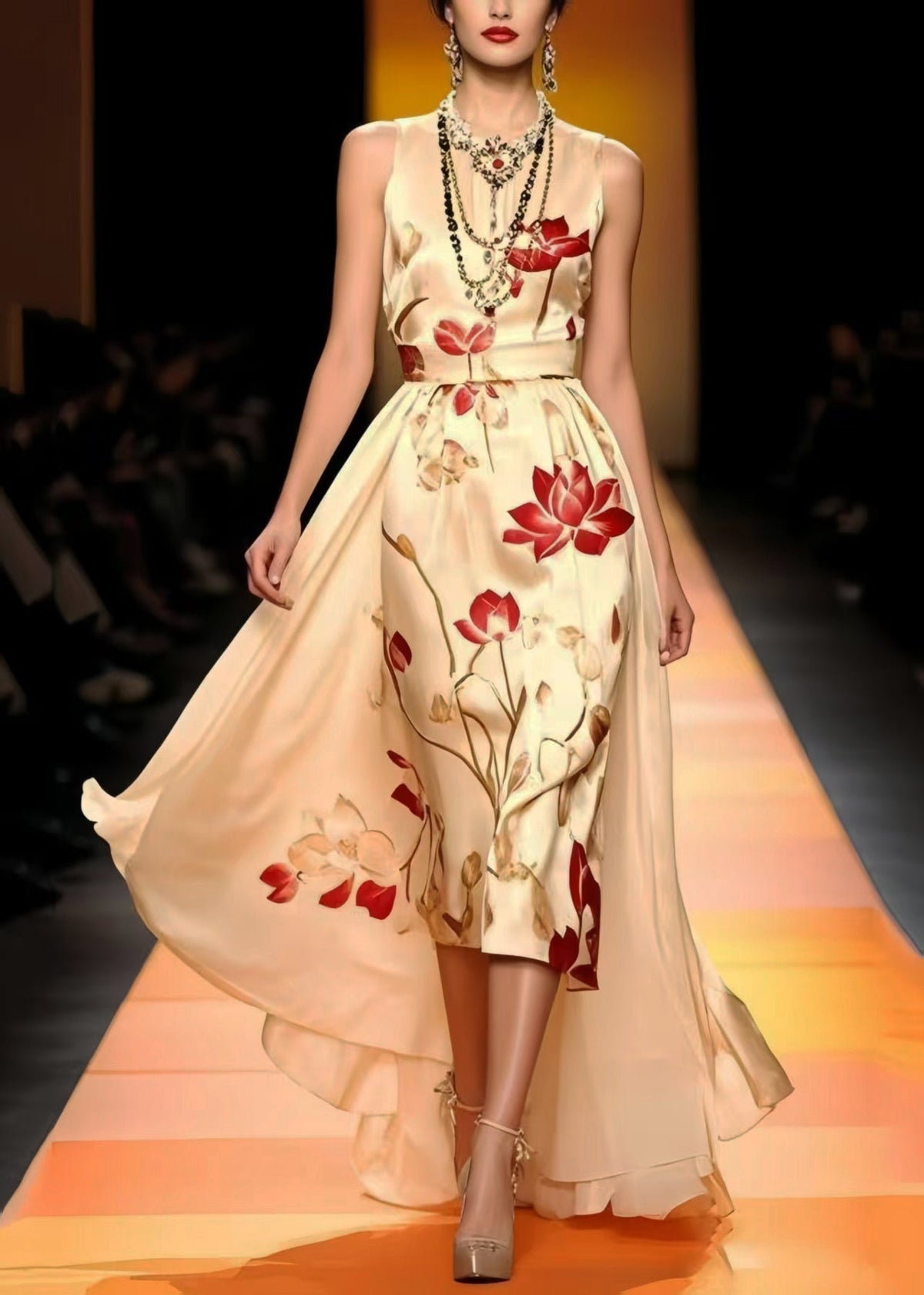 Floral Print Round Neck Sleeveless Satin Attached Maxi Gown