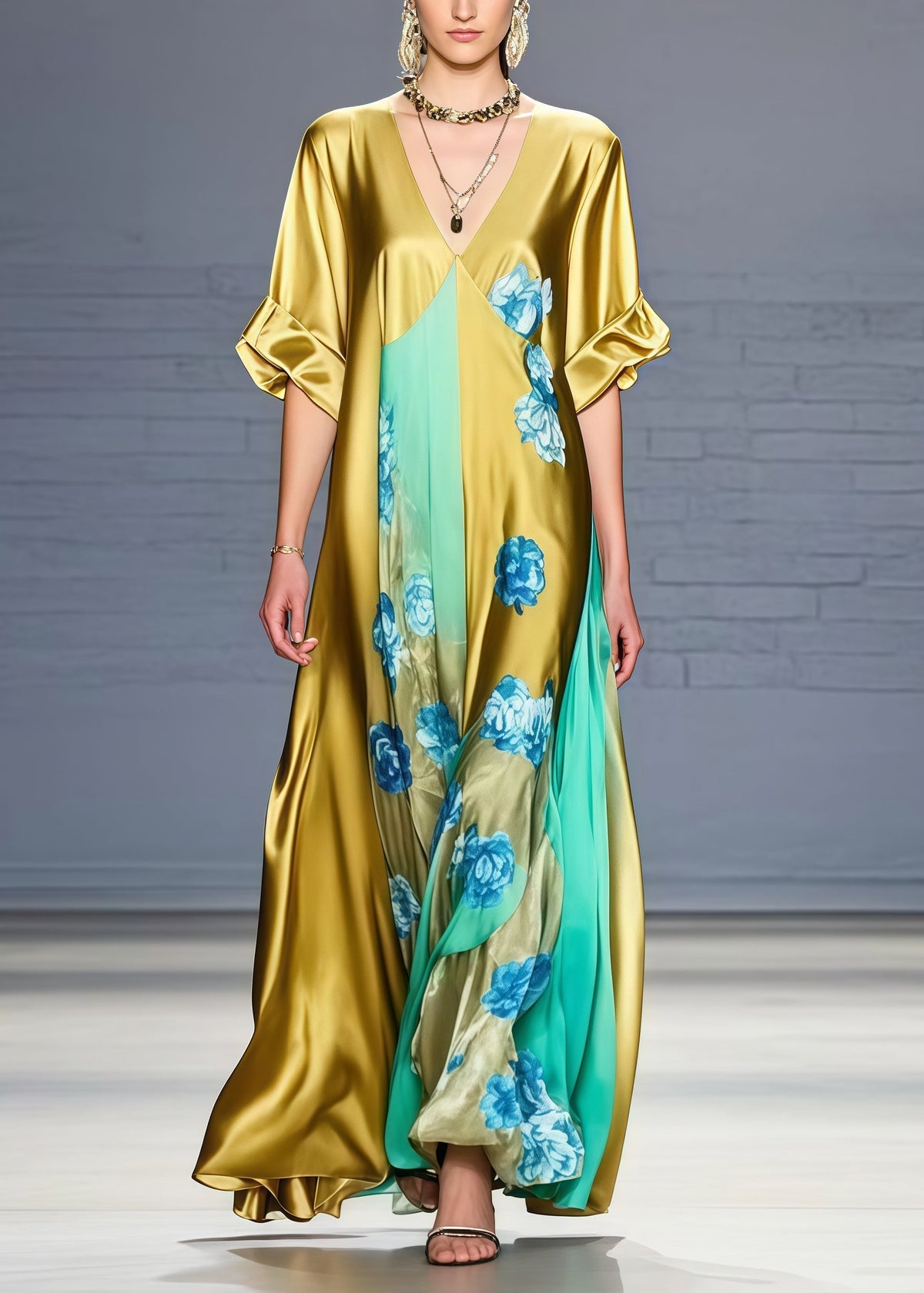 Floral Print Deep V-Neck Short Sleeve Panel Kaftan Maxi Gown