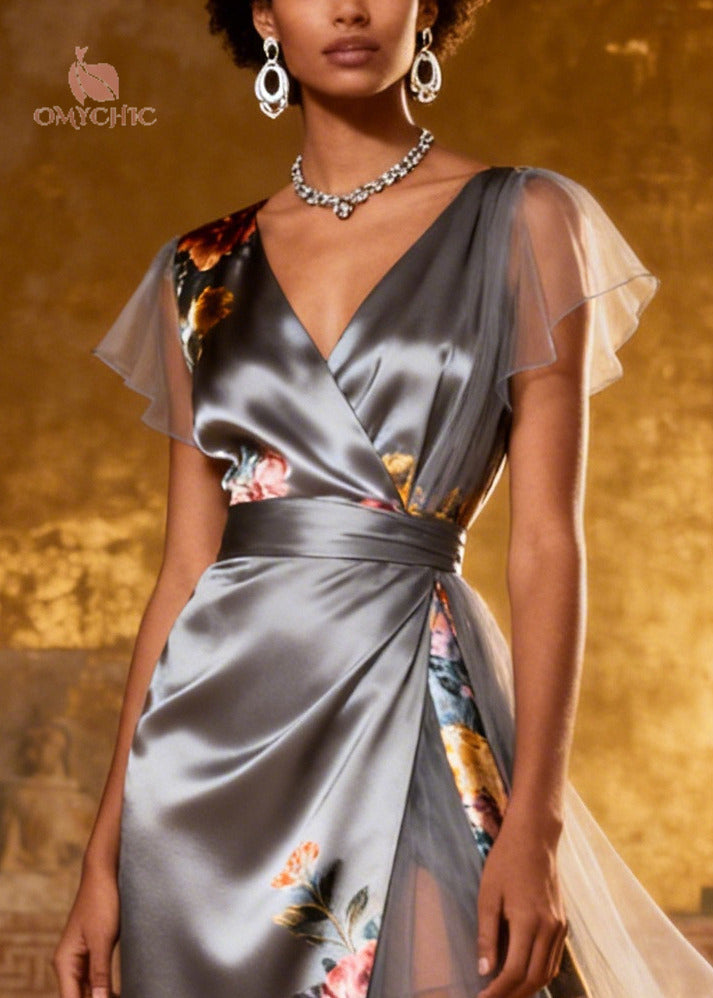 Floral V-Neck Flutter Sleeve Wrap High Split Satin Midi Dress - View 2