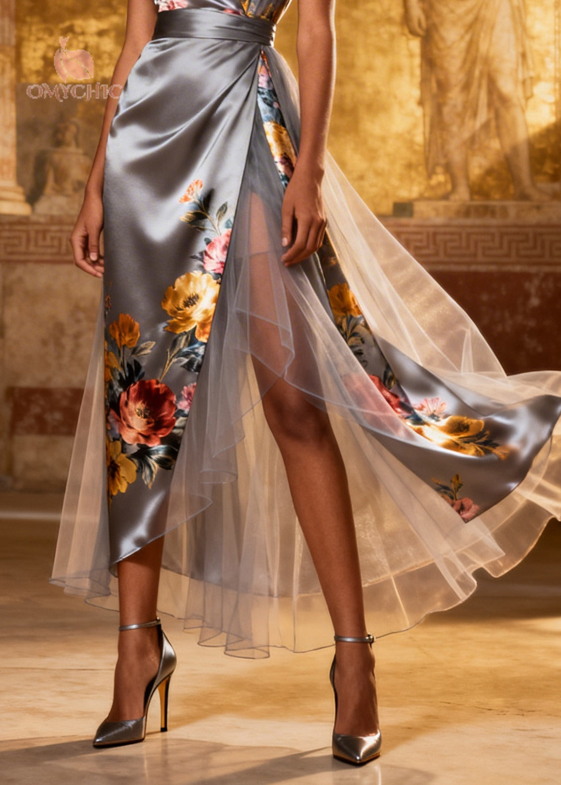 Floral V-Neck Flutter Sleeve Wrap High Split Satin Midi Dress - View 4