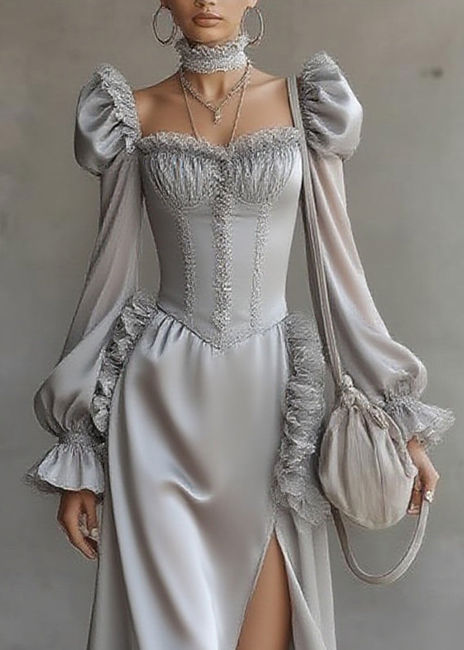 Fine Grey Ruffled Patchwork Chiffon Long Dresses Lantern Sleeve - View 2