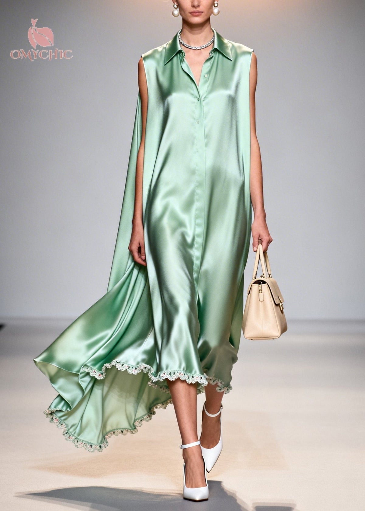 Fine Lake Green Peter Pan Collar Patchwork Lace Silk Maxi Dresses Sleeveless