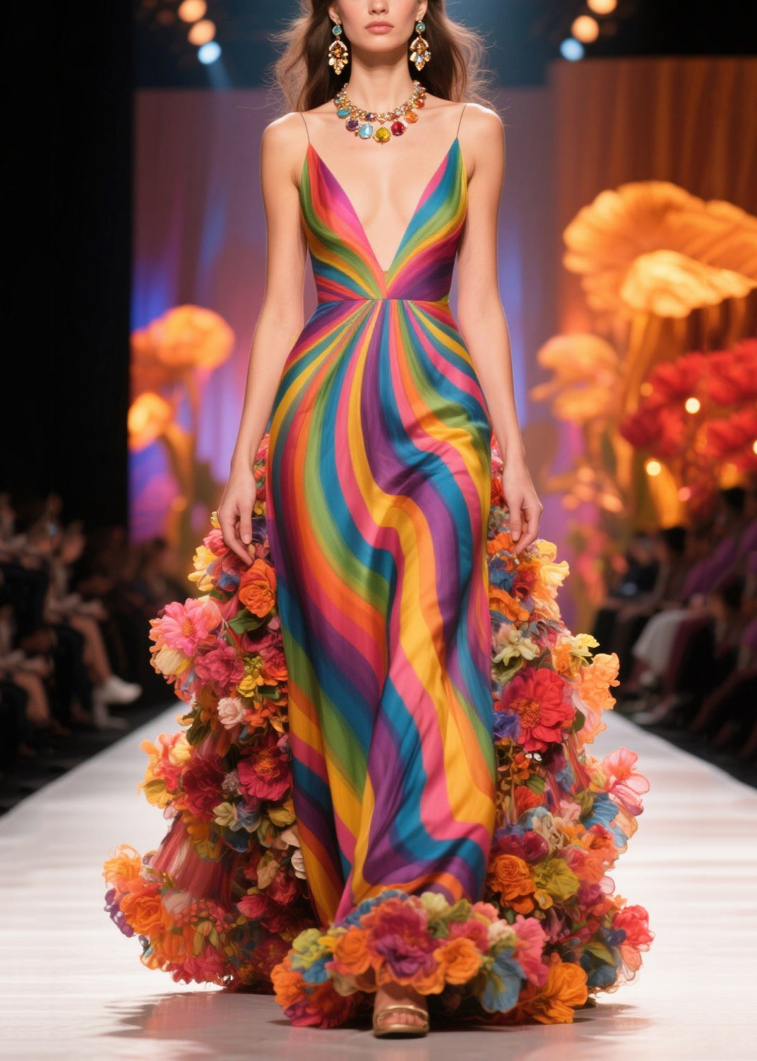 Spiral Print Spaghetti Strap Deep V-Neck 3D Floral Hem Gown