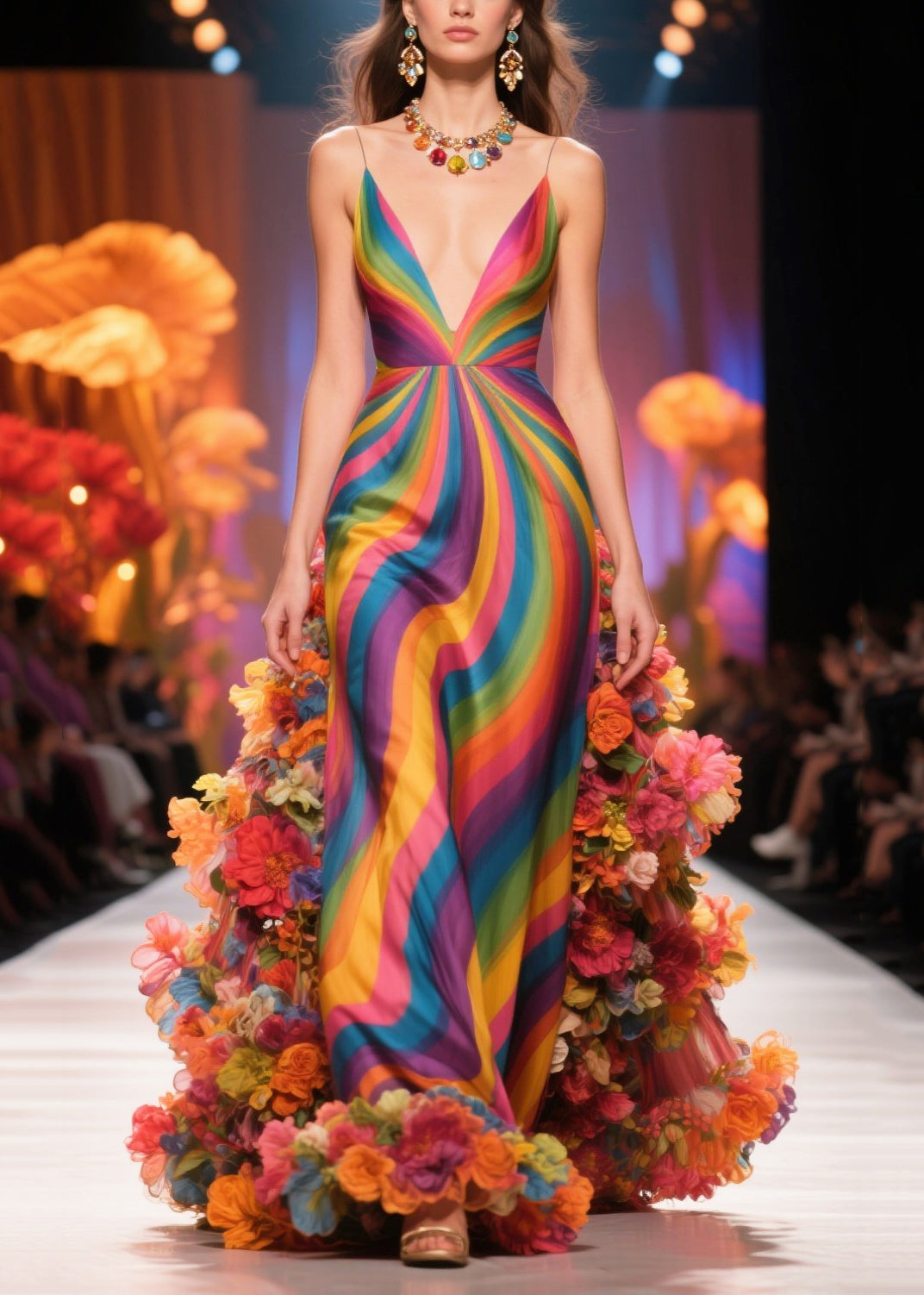 Spiral Print Spaghetti Strap Deep V-Neck 3D Floral Hem Gown - View 3