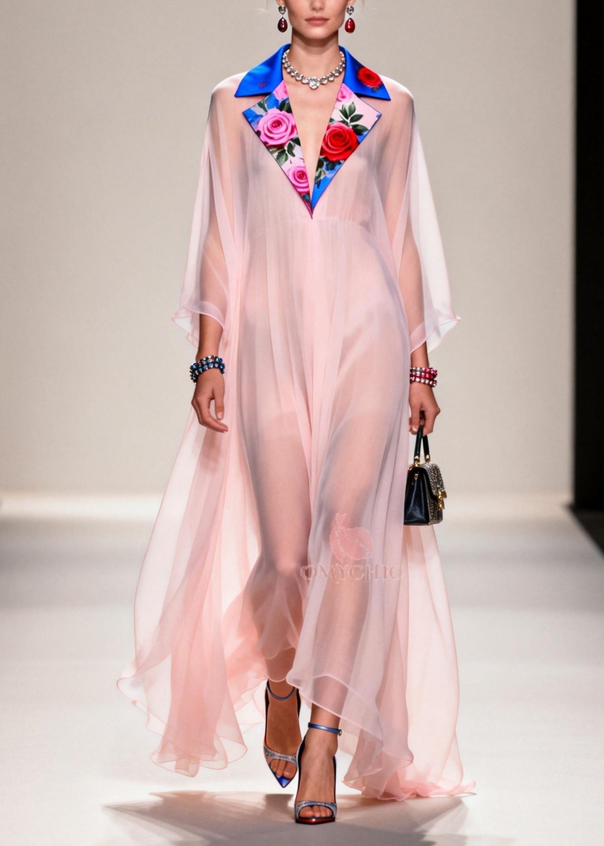 Sheer Chiffon Floral Collar Plunge V-Neck Billow Sleeve Maxi Gown