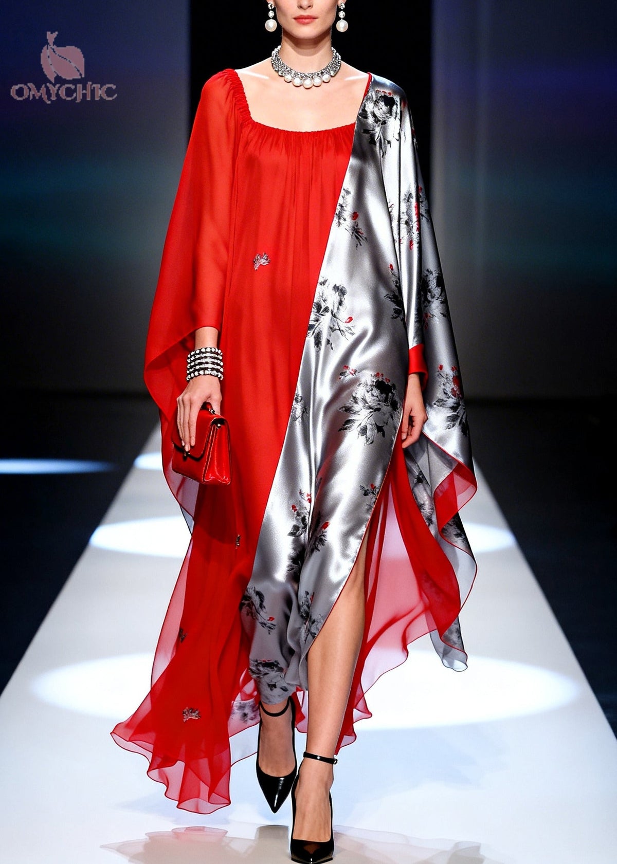 Chiffon Floral Panel Square Neck Cape Sleeve High Split Maxi Gown