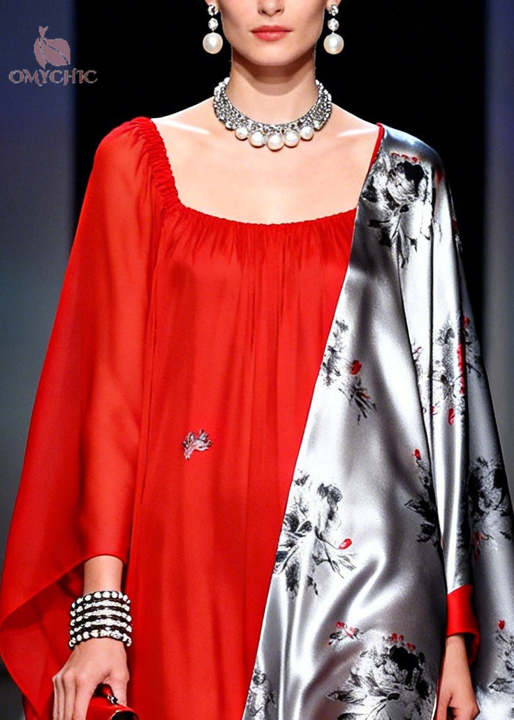 Chiffon Floral Panel Square Neck Cape Sleeve High Split Maxi Gown - View 2
