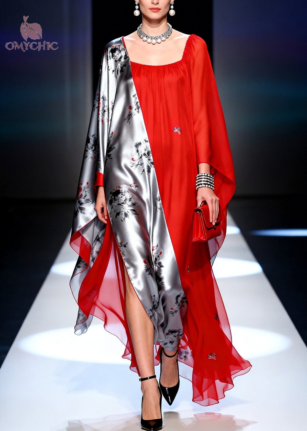 Chiffon Floral Panel Square Neck Cape Sleeve High Split Maxi Gown - View 3