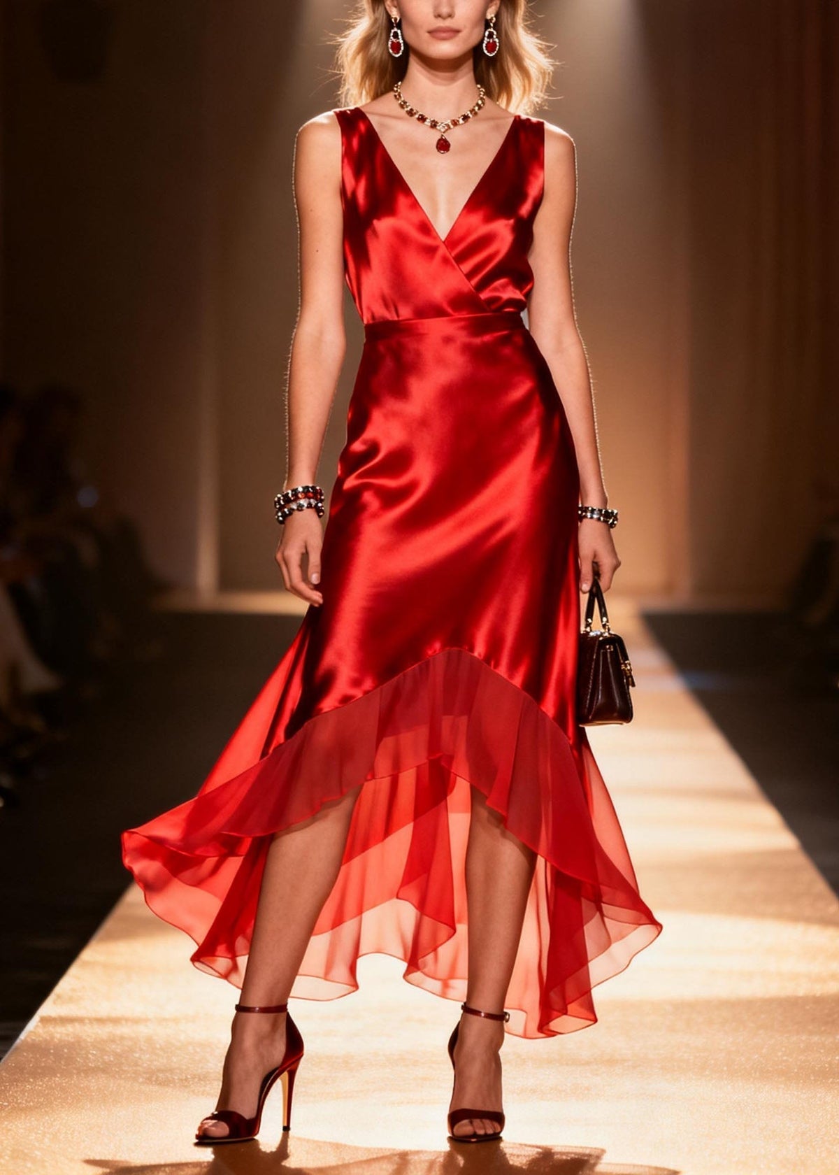 Satin Wrap V-Neck Sleeveless Tiered Chiffon Ruffle Hem Midi Dress