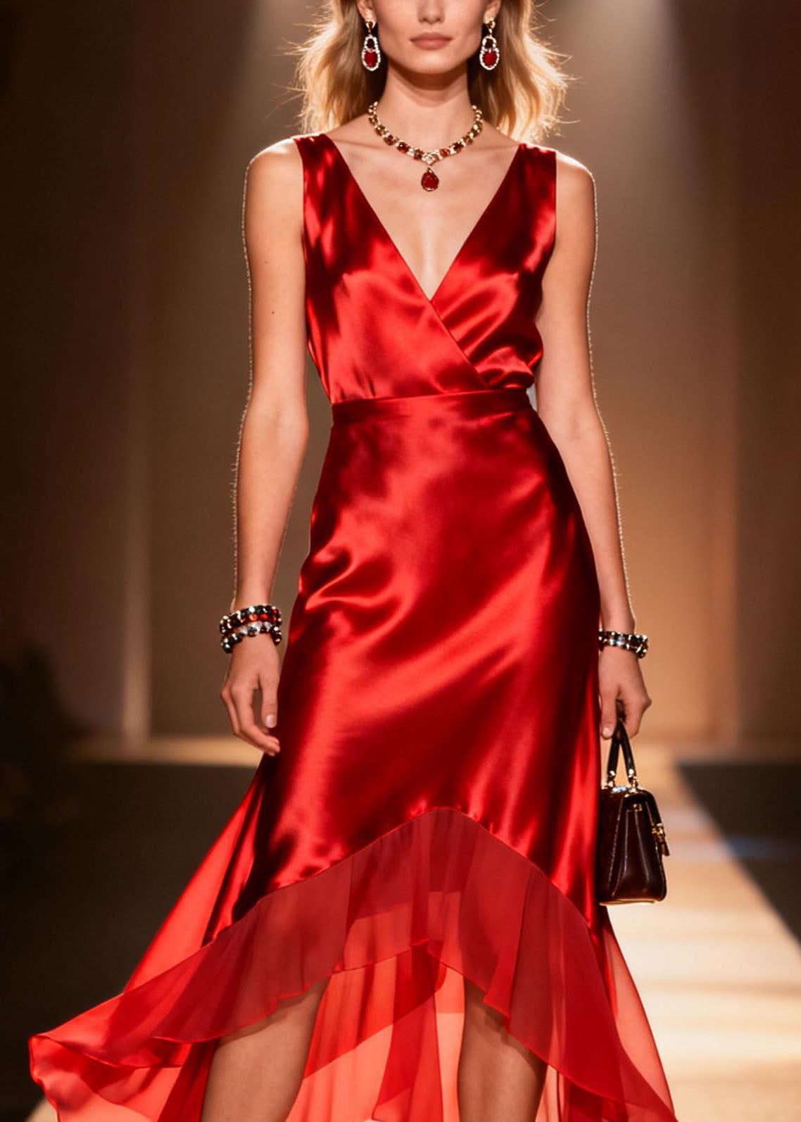 Satin Wrap V-Neck Sleeveless Tiered Chiffon Ruffle Hem Midi Dress - View 2