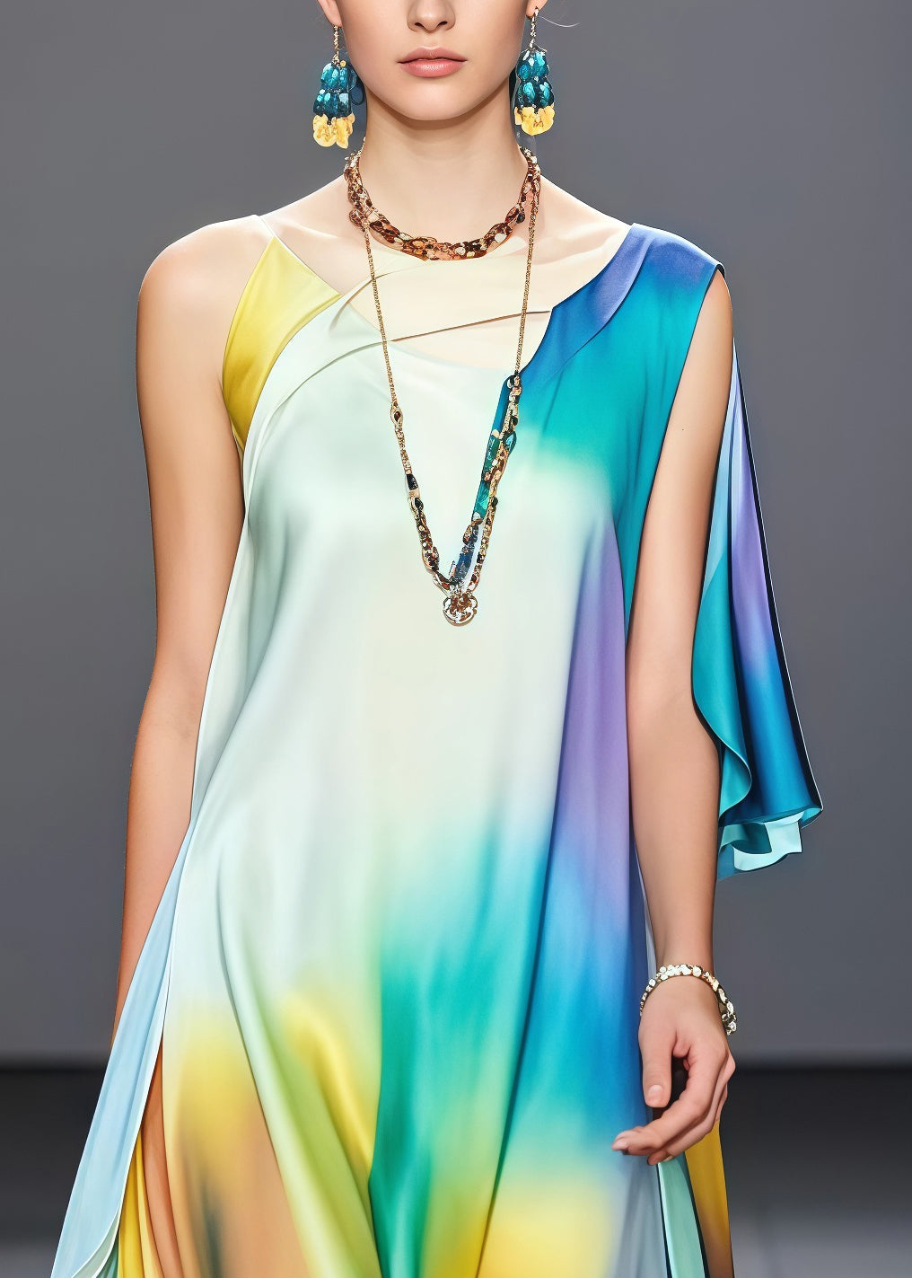 Tie Dye Round Neck Flutter Sleeve High Split Silk Maxi Dress - View 2